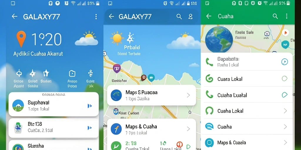 Antarmuka aplikasi GALAXY77 menampilkan prediksi cuaca lokal secara jelas.